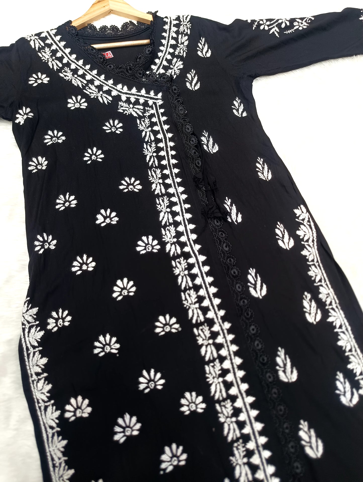 Black Rayon Chikankari Handwork Angrakha Kurta with beautiful Lucknowi handwork Embroidery for Women