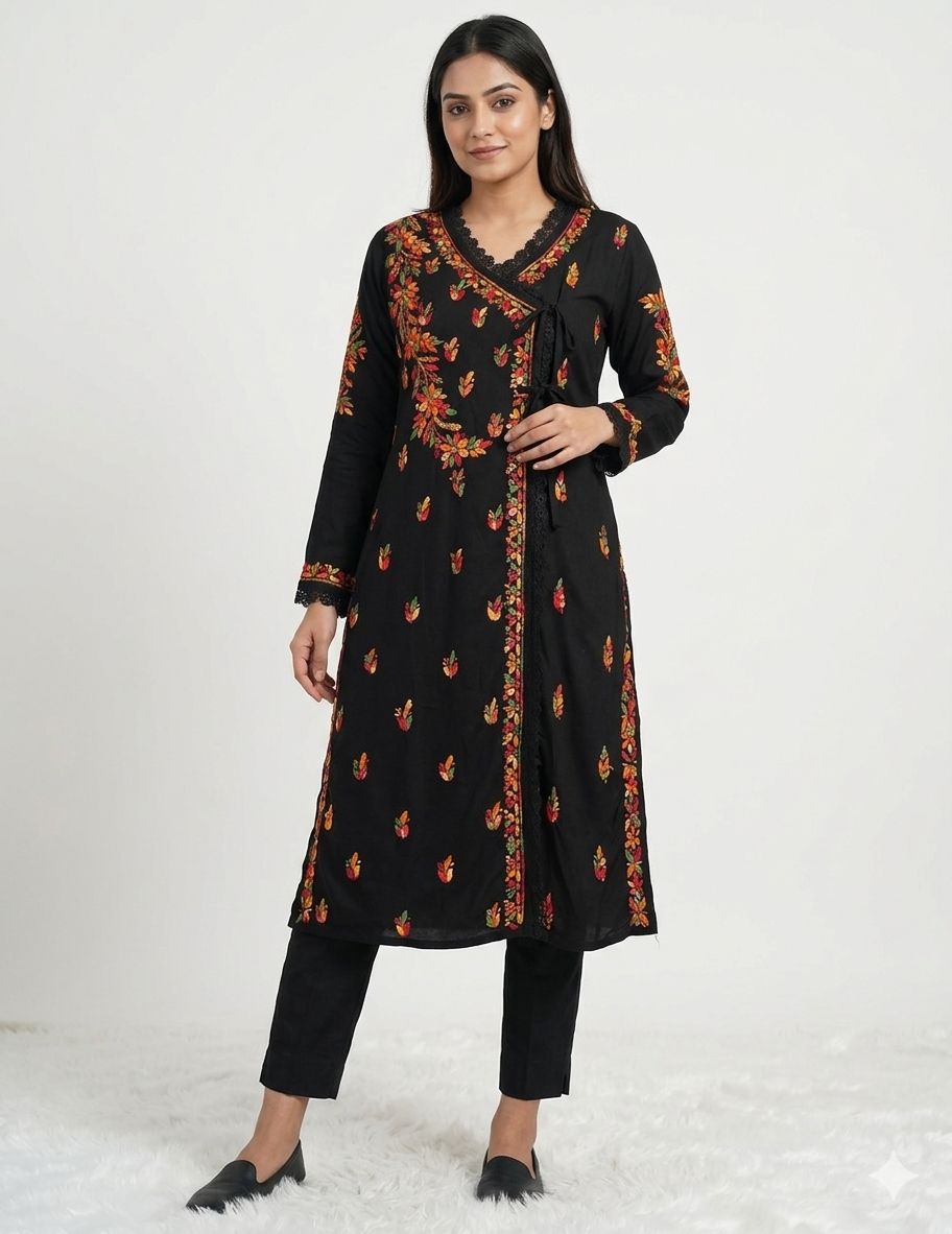 Black Rayon Chikankari Handwork Angrakha Kurta with beautiful Lucknowi handwork Embroidery for Women