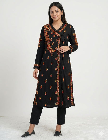 Black Rayon Chikankari Handwork Angrakha Kurta with beautiful Lucknowi handwork Embroidery for Women
