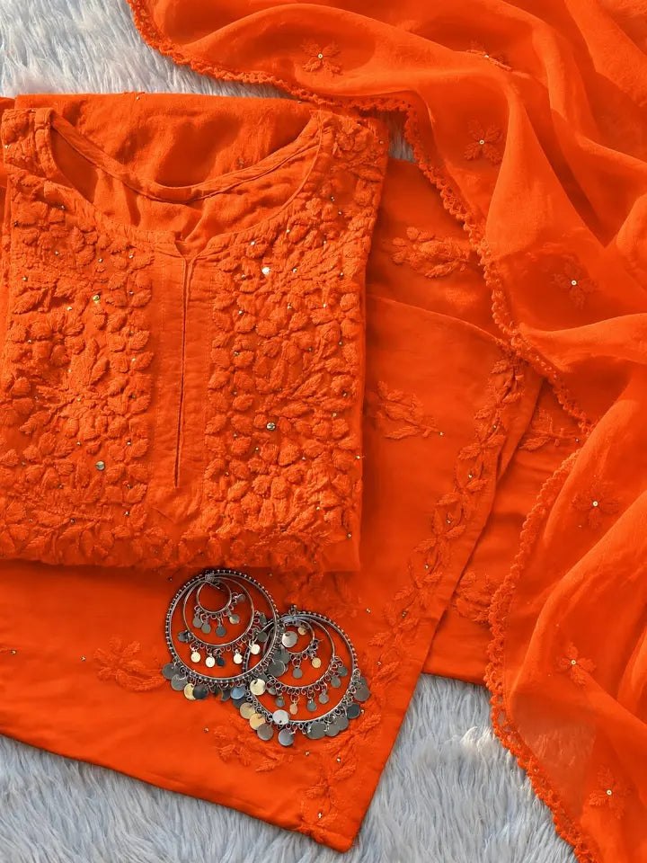 Muqaish Work Lucknowi Chikankari Handwork Rayon Kurti Palazzo Dupatta Set