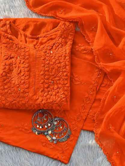 Muqaish Work Lucknowi Chikankari Handwork Rayon Kurti Palazzo Dupatta Set