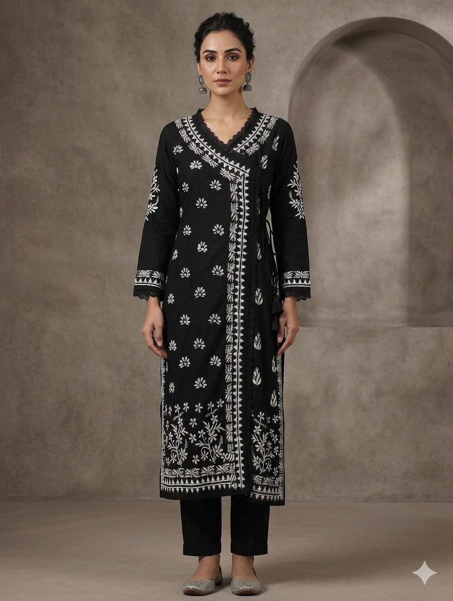 Black Rayon Chikankari Handwork Angrakha Kurta with beautiful Lucknowi handwork Embroidery for Women