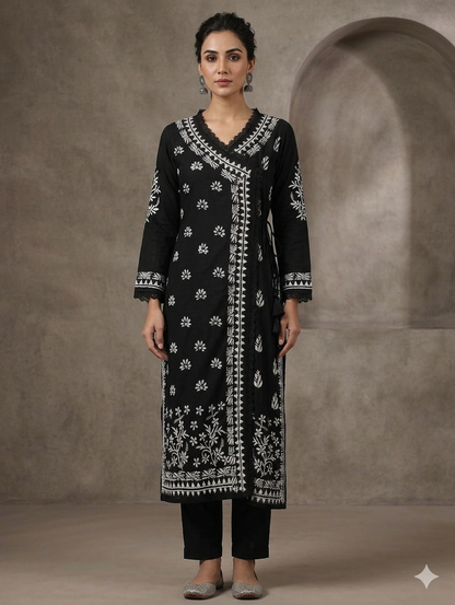 Black Rayon Chikankari Handwork Angrakha Kurta with beautiful Lucknowi handwork Embroidery for Women