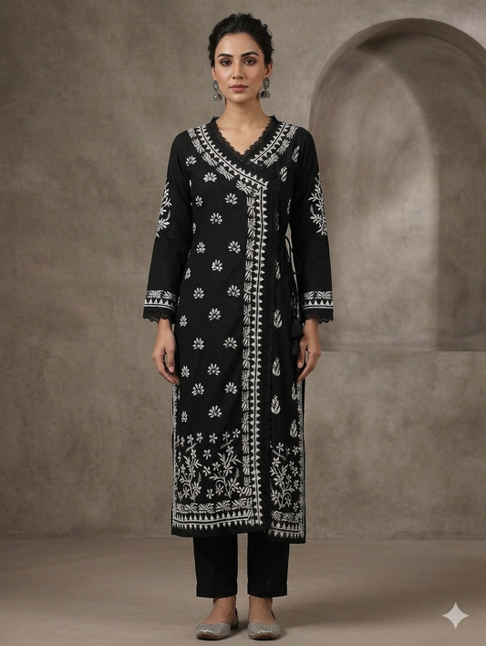 Black Rayon Chikankari Handwork Angrakha Kurta with beautiful Lucknowi handwork Embroidery for Women