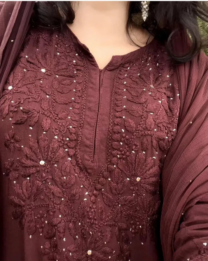 Muqaish Work Lucknowi Chikankari Handwork Rayon Kurti Palazzo Dupatta Set